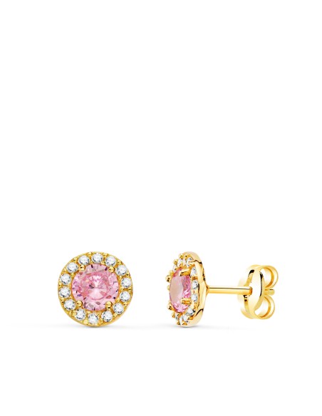18K PENDIENTES ORO AMARILLO REDONDOS CIRCONITA Y PIEDRA ROSA 6,5 MM. CIERRE PRESION