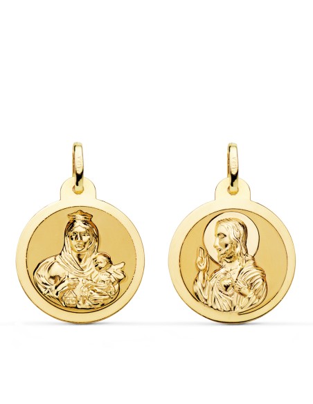 18K ESCAPULARIO ORO AMARILLO ORO AMARILLO BRILLO VIRGEN DEL CARMEN Y CORAZON DE JESUS 20 MM