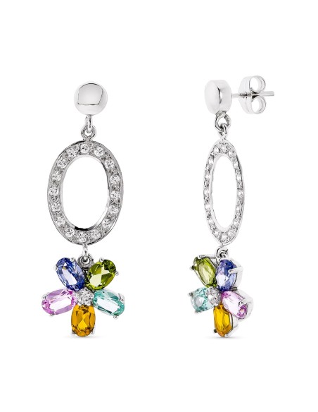 18K PENDIENTES LARGOS ORO BLANCO PIEDRAS COLOR 42X13 MM CIERRE PRESION