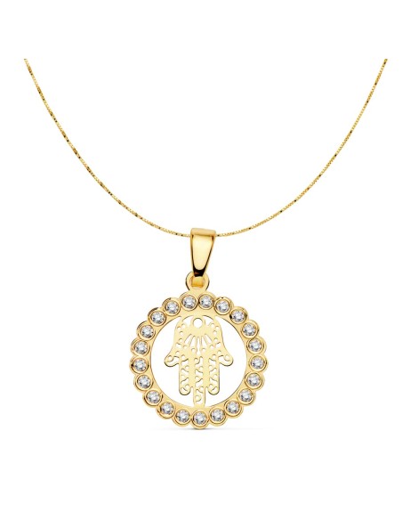 18K COLGANTE CON CADENA ORO AMARILLO MANO DE FATIMA CIRCONITA 15 MM