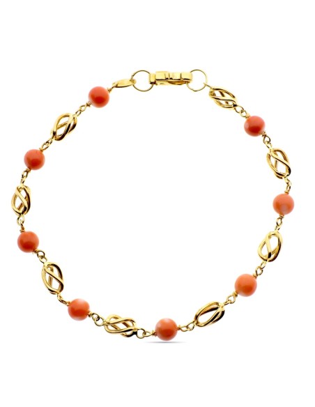 18K PULSERA ORO AMARILLO CON JAULAS Y CORAL FINO JAPONES 5 MM 18.5 CM