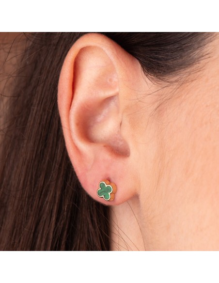 18K PENDIENTES ORO AMARILLO TREBOL CON MALAQUITA 7X7 MM. CIERRE PRESION