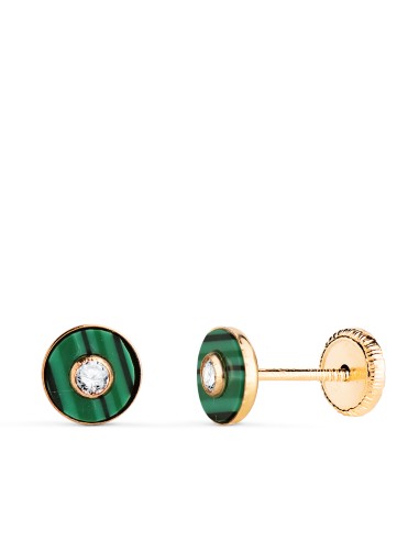 18K PENDIENTES ORO AMARILLO REDONDOS MALAQUITA...