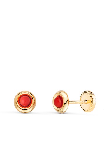 18K PENDIENTES ORO AMARILLO REDONDOS CON CORAL...