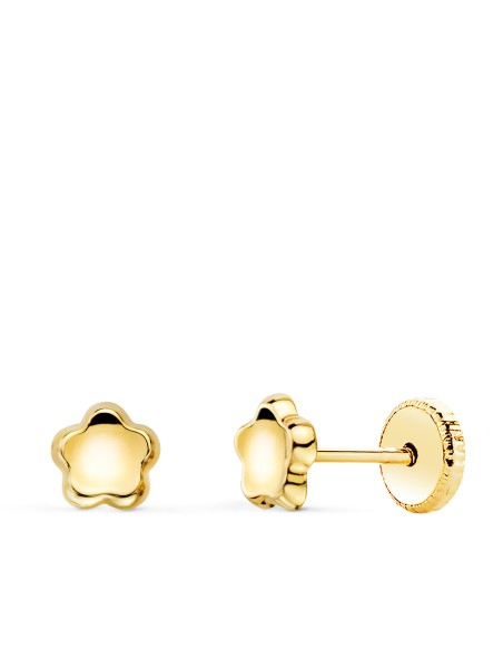18K PENDIENTES ORO AMARILLO FLOR CONCAVO EN BRILLO 5X5 MM. CIERRE TUERCA
