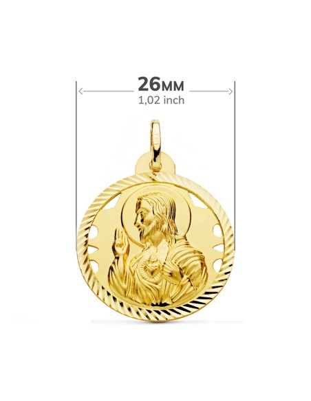 18K ESCAPULARIO ORO AMARILLO HELICE CALADO VIRGEN CARMEN Y CORAZON DE JESUS 26 MM