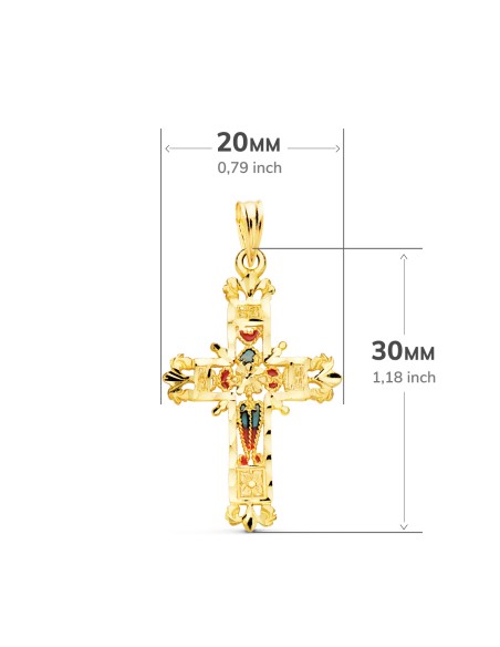 18K CRUZ ORO AMARILLO VIDRIERA CATEDRAL BORDES TALLADOS. 30X20 MM