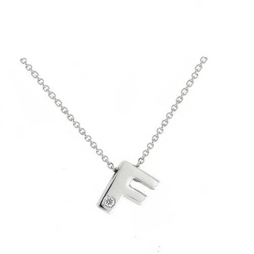 Cadena y Colgante Letra F Diamante Oro Blanco