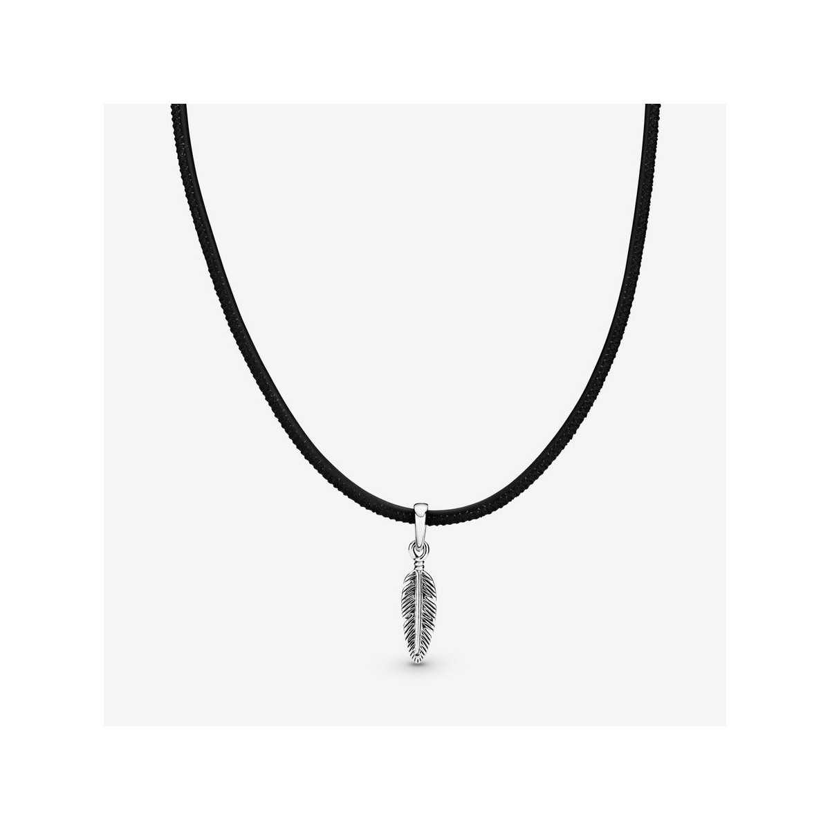 Choker Pandora  en plata de ley Pluma cuero negro - 397197CBK