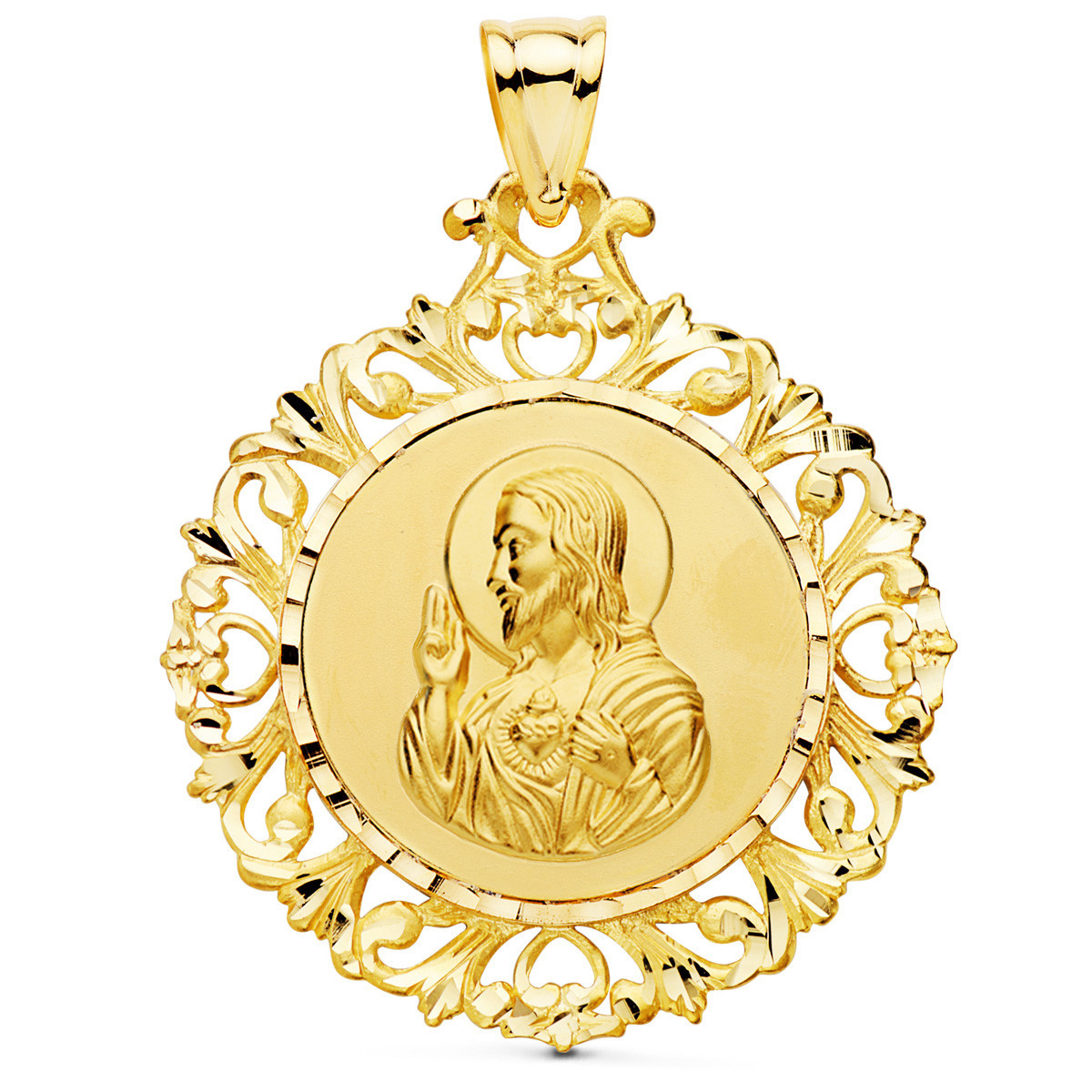 18K Medalla Escapulario Cerco Corazon De Jesus Y V Carmen 45X40 Mm