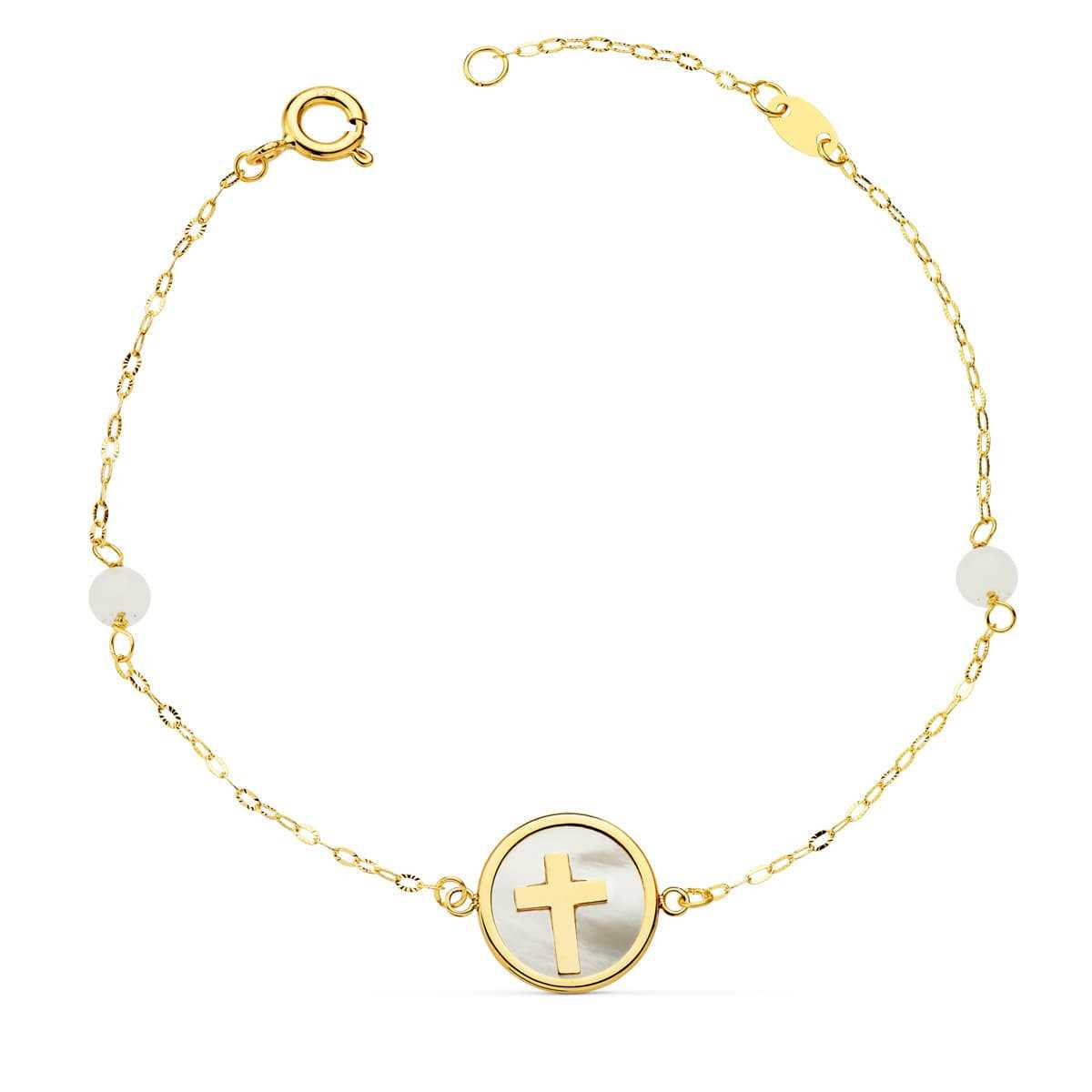 Pulsera Oro Amarillo Nacar Con Cruz 12 Mm Y Bolas Jade 4 Mm Cadena 18 + 2.5 Cm
