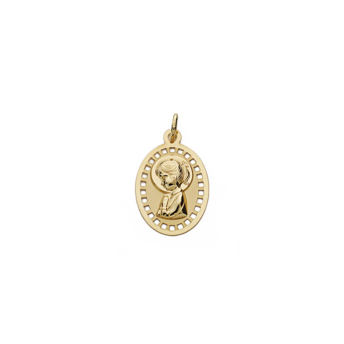 18K MEDALLA ORO AMARILLO VIRGEN NIÑA CALADA 23X14 MM