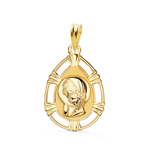 18K MEDALLA ORO AMARILLO VIRGEN NIÑA CERCO CALADO BRILLO FORMA GOTA 23X15 MM