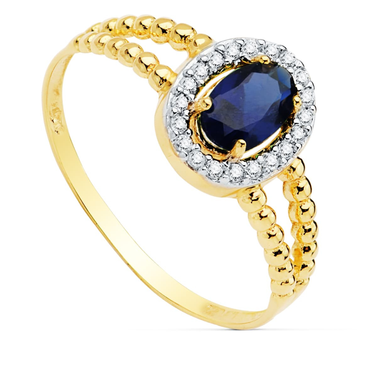 18K SORTIJA ORO BICOLOR CON PIEDRA AZUL 6X4 MM Y DOBLE CUERPO DE BOLITAS LISAS