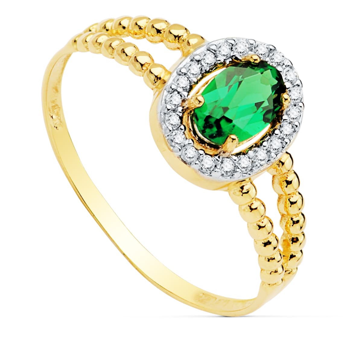 18K SORTIJA ORO BICOLOR CON PIEDRA VERDE 6X4 MM Y DOBLE CUERPO DE BOLITAS LISAS