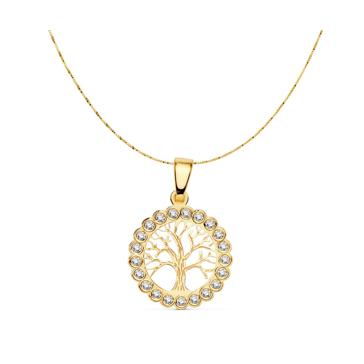 18K COLGANTE ORO AMARILLO ARBOL DE LA VIDA 15 MM CADENA VENECIANA 42CM