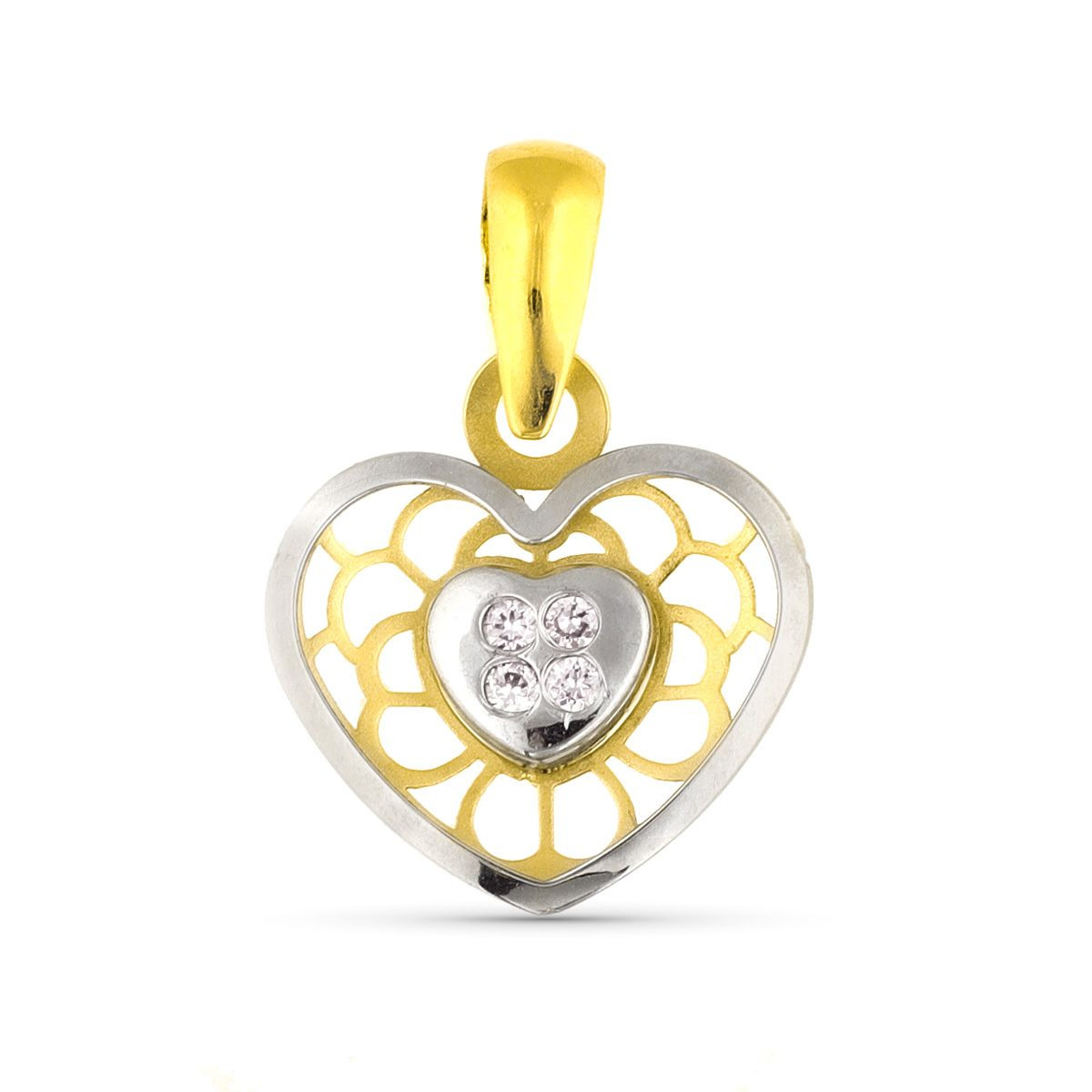 9K COLGANTE ORO BICOLOR CORAZON CON DETALLES CALADOS Y CIRCONITAS