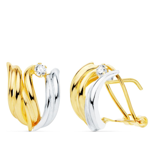 18K PENDIENTES ORO BICOLOR BANDAS Y CIRCONITA 14X10 MM CIERRE OMEGA