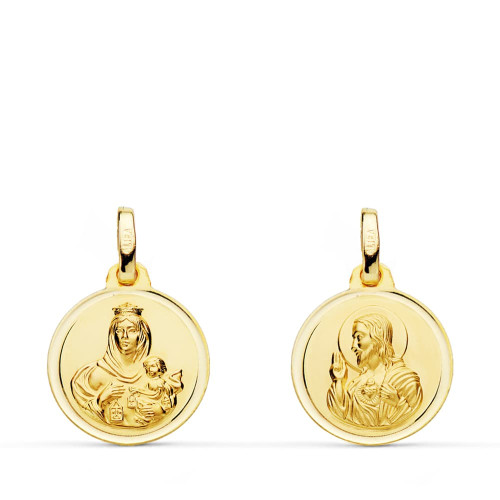 9K ESCAPULARIO ORO AMARILLO VIRGEN DEL CARMEN CORAZON DE JESUS BISEL 14 MM